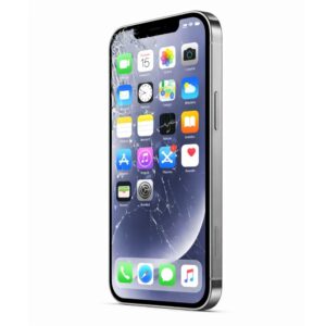 iPhone 12 con vetro e display danneggiato, schermo acceso con app visibili.