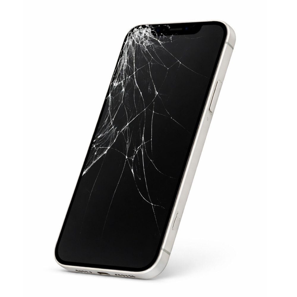 Vetro rotto iPhone 12 con schermo spento prima della riparazione
Vetro rotto iPhone 12 con schermo spento prima della riparazione