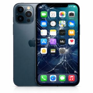 iPhone 12 Pro blu con display rotto e schermo acceso – riparazione display a Cosenza